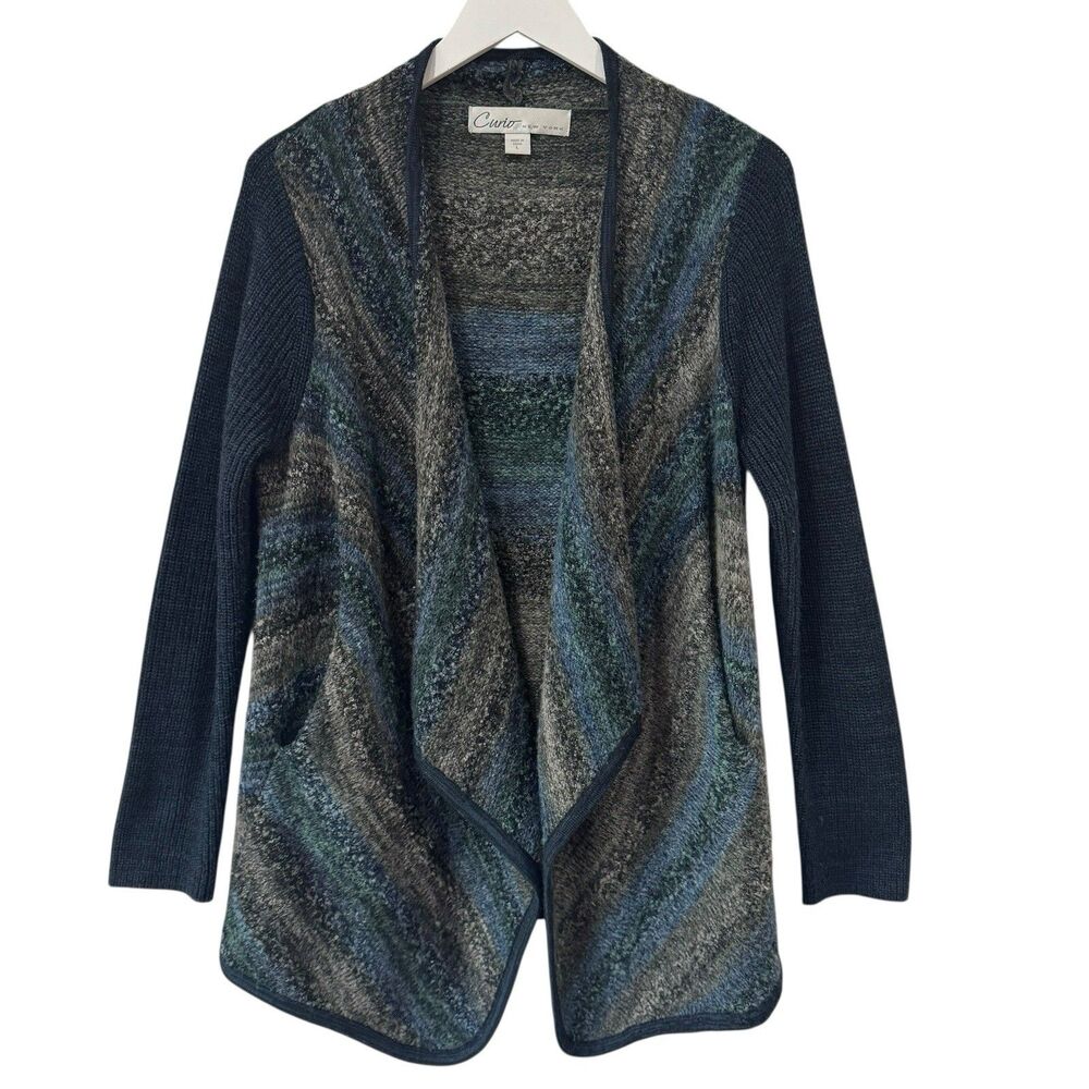 Curio New York Wool Blend Boucle Textured Longline Cardigan Sweater Blue Large